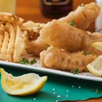 Fish & Chips · Three fresh cod fillets cut, beer battered and fried. Tarter sauce and choice of potato