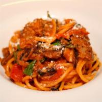 Beef And Mushrooms Bolognese · Spaghetti, Ground Beef, Shitake Mushrooms, Roasted Peppers, San Marzano tomato sauce, basil,...