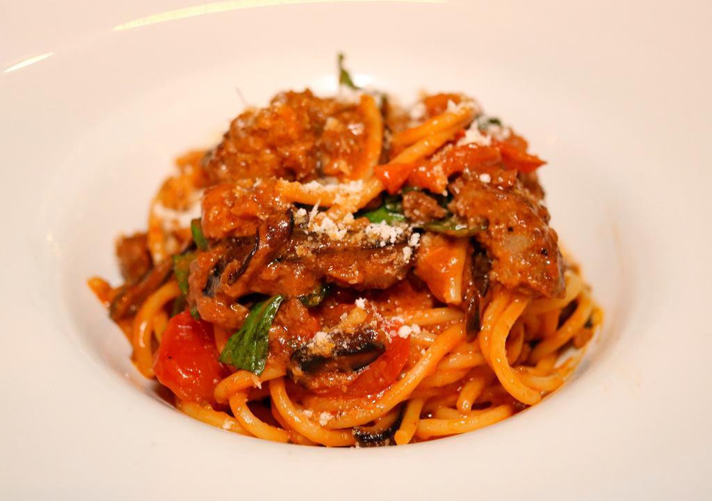 Beef And Mushrooms Bolognese · Spaghetti, Ground Beef, Shitake Mushrooms, Roasted Peppers, San Marzano tomato sauce, basil, parsley, garlic.