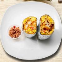 Bakin' Bacon Breakfast Burrito · Bacon, eggs, tater tots, cheddar cheese, tomatoes and caramelized onions wrapped in a flour ...