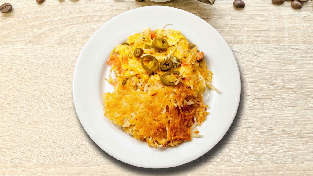Los Cabos Mexican Scramble · Eggs, onions, tomatoes, jalapenos, and cheese.