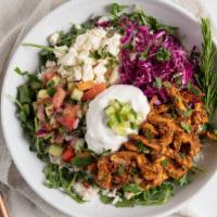 Shawarma Bowl · rice base/ arugula/ chicken shawarma/ chopped salad/ pickled cabbage/ feta/ tzatziki