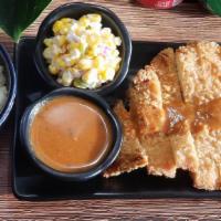 Chicken Katsu · Chicken cutlet with corn salad and steamed white rice. Add cheese ,curry for an additional c...