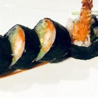 Shrimp Tempura Roll · Shrimp tempura, avocado, cucumber, and caviar in eel sauce.