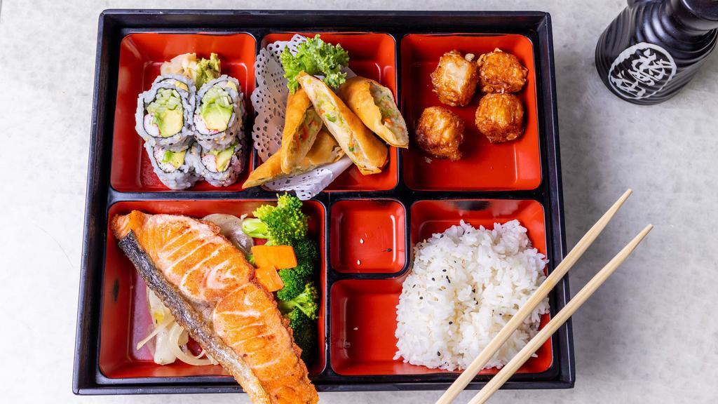 Teriyaki Bento Box Dinner · Served with miso soup, green salad, rice, california roll, spring roll, and fried shumai.