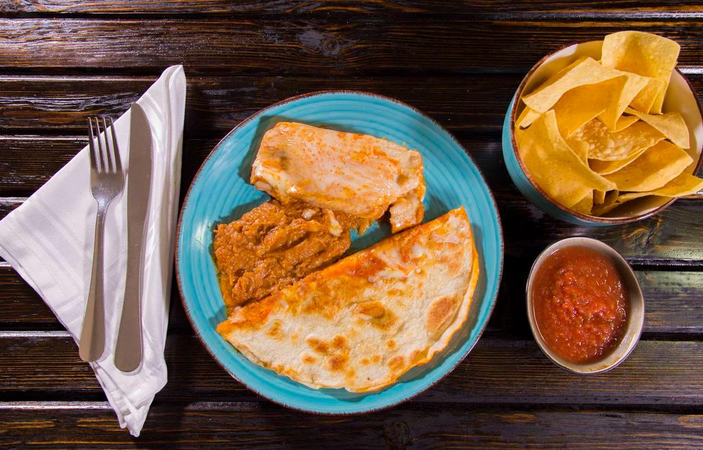 Lunch #7 · One cheese quesadilla, one tamal, and choice of rice or refried beans.