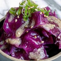 Miso Coleslaw · Red cabbage with original miso paste, sesame, and scallion.