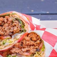 Burger Wrap · Ground Beef with lettuce, tomato, sauteed Onion, & sauce in a classic wrap.