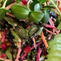 Ginger-Miso Seaweed Salad · A symphony of pan-Asian flavors! Wakame and Hijiki seaweed, goji berries, fresh arugula sala...