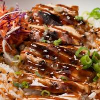 Organic Teriyaki Chicken & Rice Bowl · Goffle Farm chicken, rice, scallion, sesame, organic teriyaki sauce