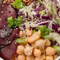 Organic Veggie Rice Bowl · Organic rice, chickpeas, beets, shredded slaw w/ sesame, scallion, pickled shallots, choice ...