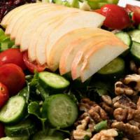 Apple Walnut Salad · Vegetarian, gluten free.
Organic apples, romaine & try color lettuce, cucumber, celery, toma...