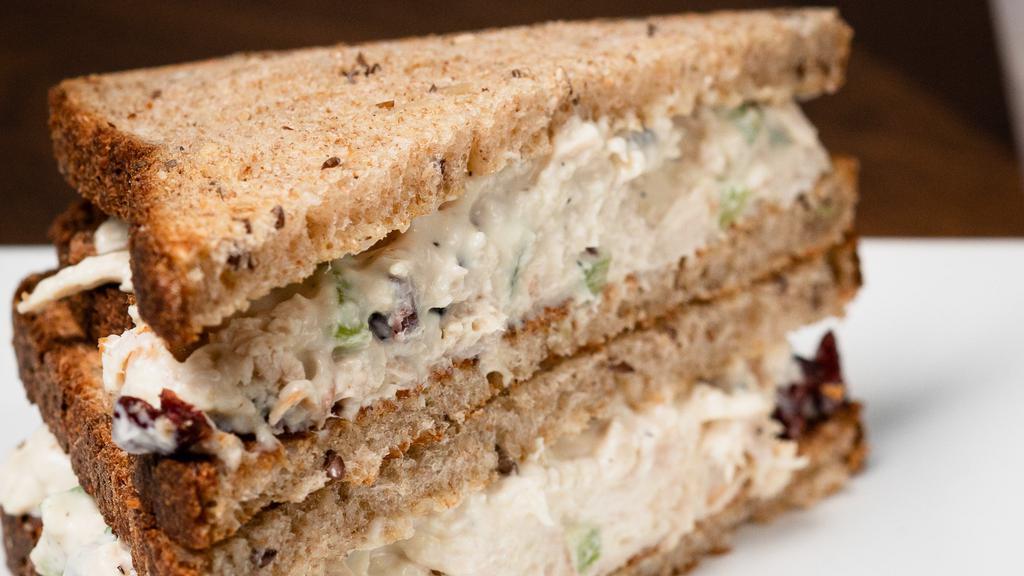 Organic Chicken Salad Sandwich On Balthazar Multigrain · Goffle Farm chicken salad with cranberries, celery and veganaise on Balthazar multi-grain bread