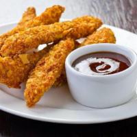 Chicken Fingers · Golden crispy fried white chicken meat tenders. Served with celery and blue or ranch dressing.