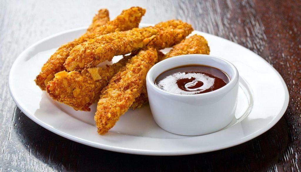 Chicken Fingers · Golden crispy fried white chicken meat tenders. Served with celery and blue or ranch dressing.