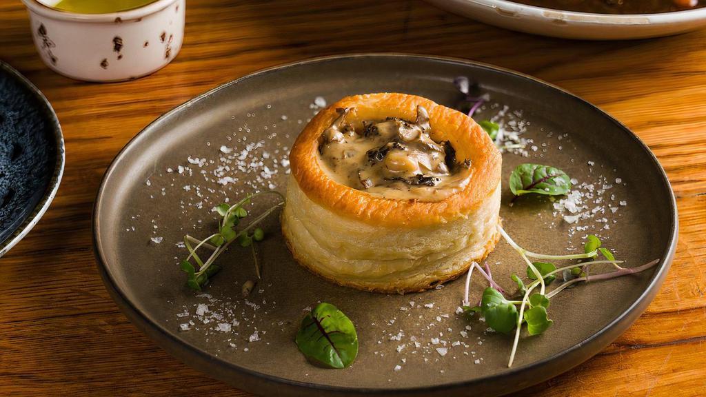 Feuilleté Aux Morilles & Cepes · Morel and porcini mushrooms cream puff pastry. Vegetarian.