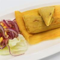 Tamal Limeno · Peruvian yellow corn dough, Kausa chicken, and traditional criolla.