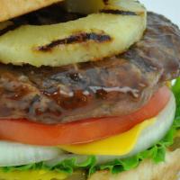 Pineapple Teriyaki Burger · Fresh beef patty brushed with french mayo and layered with fresh lettuce, tomato, pickles, g...