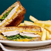 Turkey Cheddar Melt Panini Sandwich · Sliced roasted turkey, melted Cheddar cheese and fresh spinach leaves on whole grain bread.
