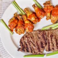 Sliced Steak & Buffalo Chicken Wings · Served with bread soup or salad bar potato and vegetable.