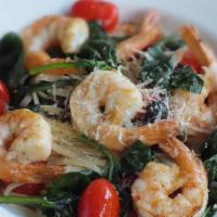 Garlic Butter Shrimp Or Salmon Pasta With White Wine · Pasta cooked with garlic, red pepper flakes, cherry tomatoes, white wine, arugula, spinach, ...