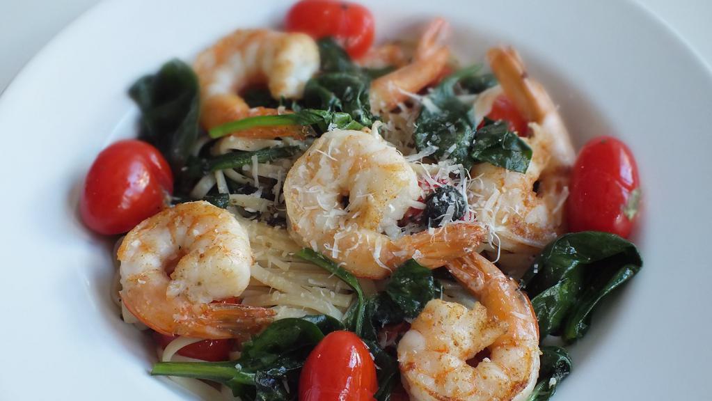 Garlic Butter Shrimp Or Salmon Pasta With White Wine · Pasta cooked with garlic, red pepper flakes, cherry tomatoes, white wine, arugula, spinach, and more.