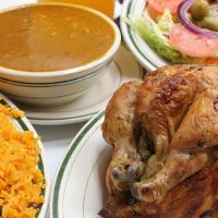 Combo #1 (Whole Chicken) · Whole Chicken with Rice and Beans, Salad and Tropical Juice (Pollo Entero con Arroz y Habich...