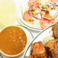 Combo # 3 (Crunchy Fried Chicken) · Crunchy Fried Chicken, Rice and Beans, Salad and Tropical Juice (Chicharrón de Pollo Frito c...