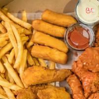 Double 6 Sampler · Three wings, two tenders, four mozzarella sticks and French fries.