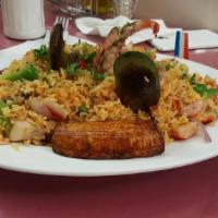 Arroz Marinero · Seafood mixed fried rice with sweet plantains.