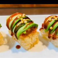 💥Crispy Rice · choice of 5 pc spicy tuna , spicy salmon or spicy yellowtail. Topped with avocado and eel sa...