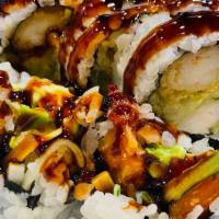 🌟Shrimp Tempura Roll(I/O) · Deep fried shrimp tempura, cucumber, eel sauce and sesame seeds.