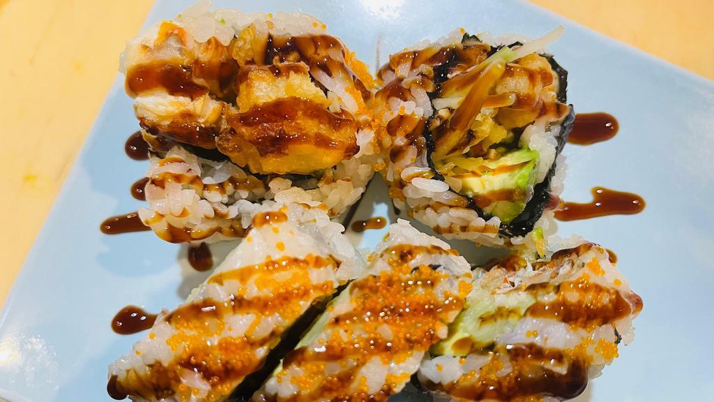 🌟Spider Roll (S) · Soft shell Crab, avocado, cucumber, top with tobiko, eel sauce.
