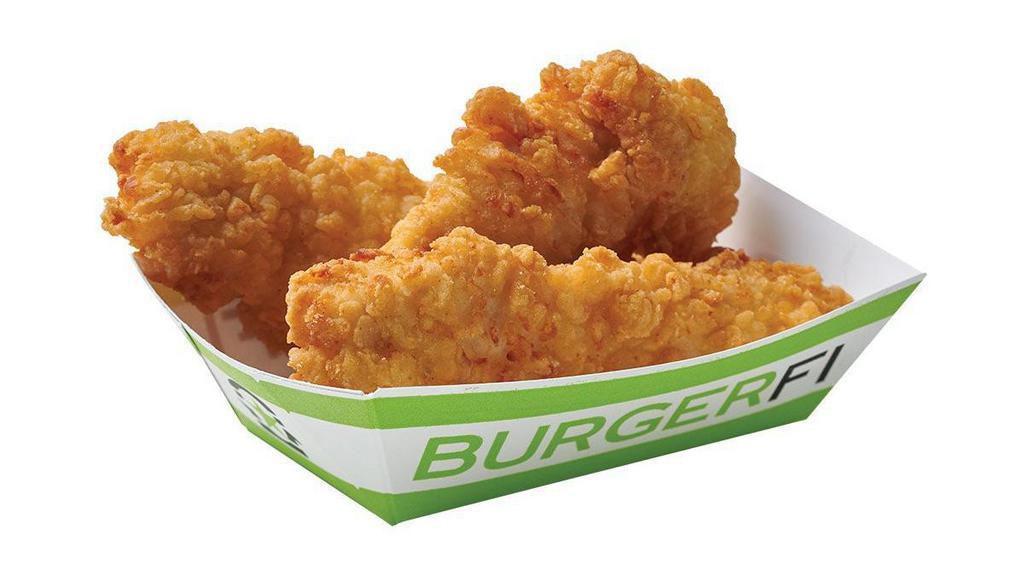3 Fi'Ed Chicken Tenders · All-Natural, Cage-Free Chicken Breast Tenders Served with Your Choice of Dipping Sauce: BurgerFi Sauce, Bacon Jalapeño Ranch, Honey Mustard BBQ, Memphis Sweet BBQ or Garlic Aioli. (Cals 270-450)