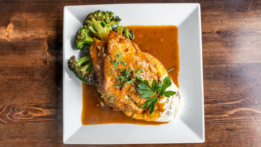 Mero · Pan-roasted filet of grouper served with red potato mash, charred broccoli, and Thai chili sauce.