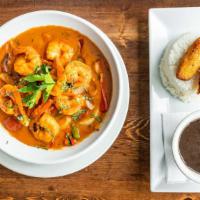 Camarones Enchilados · Adobo rubbed jumbo shrimp and creole style sauce. Served with white rice, black beans, and m...