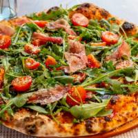 San Daniele · White pizza with mozarella cheese, prosciutto “san daniele”, cherry tomatoes, arugula, and p...