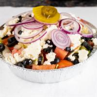 Greek Salad · Fresh greens, tomatoes, olives, red onions, cucumbers and feta cheese with a creamy Greek dr...