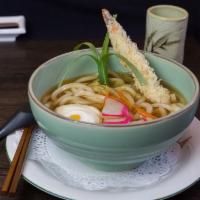Nabe Yaki Noodles · Noodle soup with chicken, vegetable, egg, and one piece of shrimp tempura.