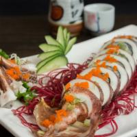 Stuffed Calamari Roll · Eel with mango and avocado roll inside grilled squid with scallion and tobiko on top
