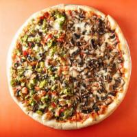 Mixed Vegetable Pizza · Tomato Sauce, Mushrooms, Onions, Tomatoes, Broccoli, & Black Olives.