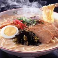Tonkatsu Ramen (豚骨ラーメン) · Pork base. Chashu pork. Half marinated egg. Bamboo shoots. Wakame. Scallions. Nori.