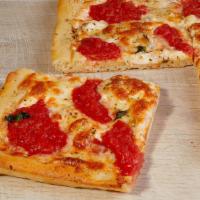 Grandma Slice · Fresh Mozzarella, Mozzarella, Basil & Plum Tomato Sauce on a Thin Square Crust