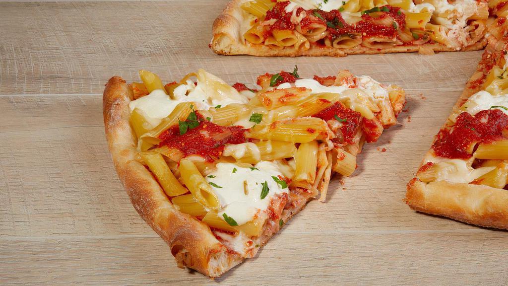 Baked Ziti Pizza · Ziti Pasta, Tomato Sauce, Ricotta Cheese & Mozzarella Cheese.