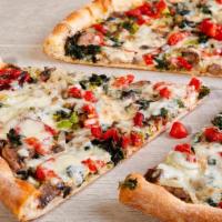 Vegetable Pizza · Spinach, Broccoli, Mushrooms, Roasted Red Peppers, Tomato Sauce & Mozzarella Cheese.