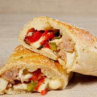 Sausage & Pepper Roll · Sausage, Peppers, Onions, Mozzarella Cheese & Tomato Sauce. Served with a Side of Tomato Sauce