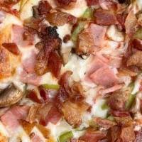 Tru Pizza · Mozzarella cheese, Bacon, Ham, Bell Peppers, Onion, Mushrooms, homemade pizza sauce.