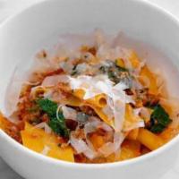 Pappardelle · spicy sausage ragù, kale and parmigiano