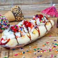 Your Way Banana Split (Hand-Dipped) · Choice of ONE flavor of homemade hand-dipped ice cream. Choice of three toppings, homemade w...