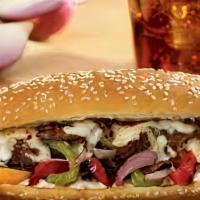 Ranch Philly Cheese Steak · Sandwich only. Served with ranch, onions, mushrooms, bell peppers and provolone cheese.